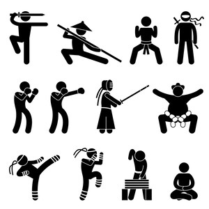 May include: Black and white stick figure illustrations of different martial arts styles, including kendo, karate, judo, and sumo wrestling.