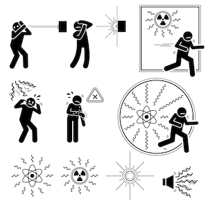 May include: Black and white stick figure illustrations depicting the effects of radiation exposure. The illustrations show a person experiencing dizziness, nausea, and other symptoms. The illustrations also include warning signs and symbols related to radiation.
