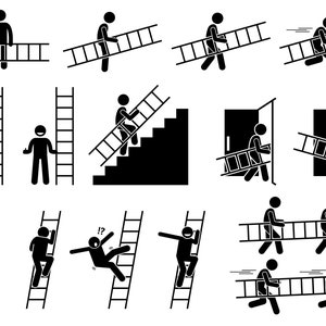 May include: A set of black and white stick figure illustrations depicting various ways to use a ladder. The illustrations show people climbing, carrying, and falling from ladders.