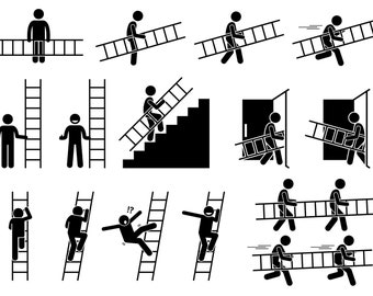 Man People Person Ladder Hold Carry Take Walk Run Climbing Up Down Go Through Door Stairs Stick Figure Sign Download Icons PNG SVG Vector