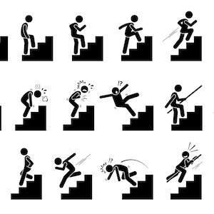 May include: A set of black and white stick figure illustrations depicting various ways a person might navigate a set of stairs, including walking up, walking down, tripping, and falling.