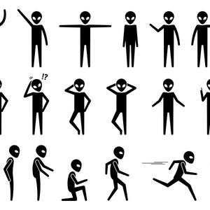 May include: A set of 20 black and white illustrations of aliens in various poses. The aliens are depicted as stick figures with large heads and small bodies. They are shown in a variety of actions, including standing, walking, running, jumping, and dancing.