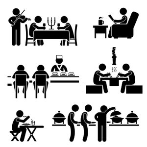 May include: Black and white stick figure illustrations depicting different dining scenarios, including a couple dining with a violinist playing, a group of people eating at a sushi bar, a couple eating at a table, a person eating alone, and a group of people at a buffet.