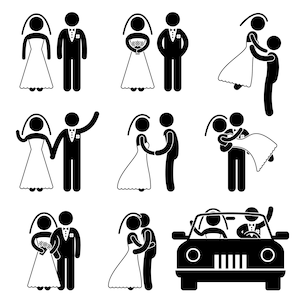 Könnte beinhalten: Schwarz-weiße Strichmännchen-Illustrationen eines Hochzeitspaares in verschiedenen Posen, darunter beim Gang zum Altar, beim Tanzen und beim Wegfahren im Auto.