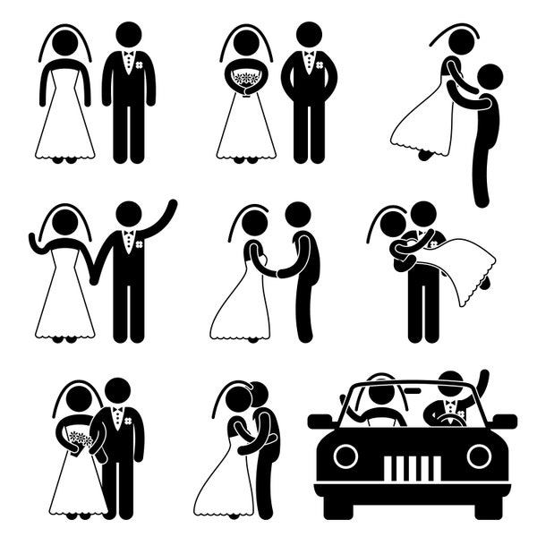 Wed Wedding Marriage Married Marry Couple Love Lover Bride Bridegroom Bridal Groom Newlywed Vow Romance Honeymoon Car Icons PNG SVG Vector