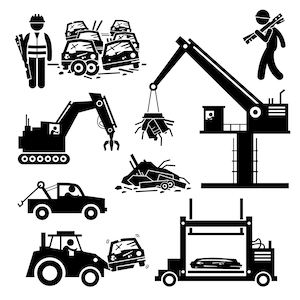 May include: Black and white illustration of a scrapyard with a crane lifting a pile of scrap metal. There are several cars, a tow truck, a tractor, and a worker with a spanner.