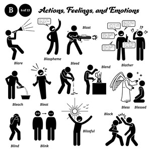 May include: Black and white stick figure illustrations depicting actions, feelings, and emotions. The words "Blast", "Blaspheme", "Blare", "Bleed", "Blather", "Blend", "Bleach", "Bleat", "Blind", "Blink", "Blissful", "Bless", "Blessed", and "Block" are included in the image.