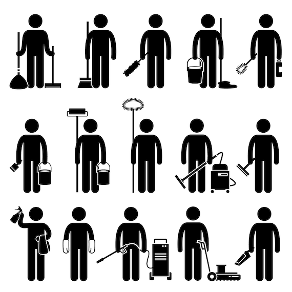 Domestique Clean Clean Man Personne avec des outils de nettoyage et de  léquipement Balai Brosse Bâton Figure Pictogramme Icônes PNG SVG EPS Vector  Télécharger -  France