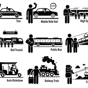 Land Public Transportation Vehicles Taxi Mobile Ride Hail Train Rail Transit Bus Tram Auto Rickshaw Railway Train Cable Car PNG SVG Vector