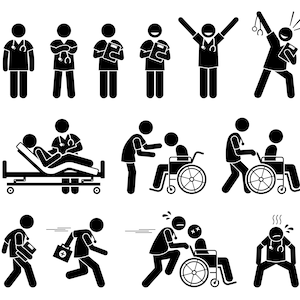 Puede incluir: Ilustraciones en blanco y negro de figuras de palo que representan a profesionales médicos en varios escenarios. Un médico se muestra comprobando el pulso de un paciente, ayudando a un paciente en silla de ruedas y corriendo para ayudar a un paciente en silla de ruedas. Un médico también se muestra ayudando a un paciente en una cama de hospital.