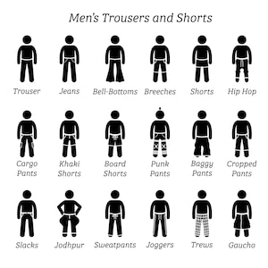 May include: A black and white illustration of different types of men's trousers and shorts. The illustration includes trouser, jeans, bell-bottoms, breeches, shorts, hip hop, cargo pants, khaki shorts, board shorts, punk pants, baggy pants, cropped pants, slacks, jodhpur, sweatpants, joggers, trews, and gaucho.