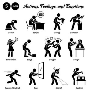 Könnte beinhalten: Schwarz-weiße Strichmännchen-Illustrationen, die verschiedene Aktionen, Gefühle und Emotionen darstellen. Die Wörter "Scrub", "Script", "Scruff", "Scrunch", "Scrutinize", "Scuff", "Scuffle", "Sculpt", "Scurry (Scuttle)", "Seal", "Search" und "Section" sind unter jeder Illustration beschriftet.