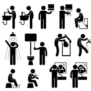 Clean Hygiene Washing Soap Wash Hand Face Shower Bath Brush Teeth Toilet Bathroom Bidet Butt Poop Flush Water Trash Icon Set PNG SVG Vector