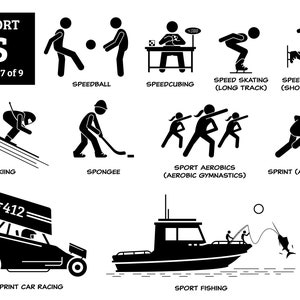 May include: Black and white illustrations of different sports, including speed skating, speed skiing, sprint car racing, and sport fishing. The illustrations are part of a series called "Sport S" and are labeled with the sport name and a number.