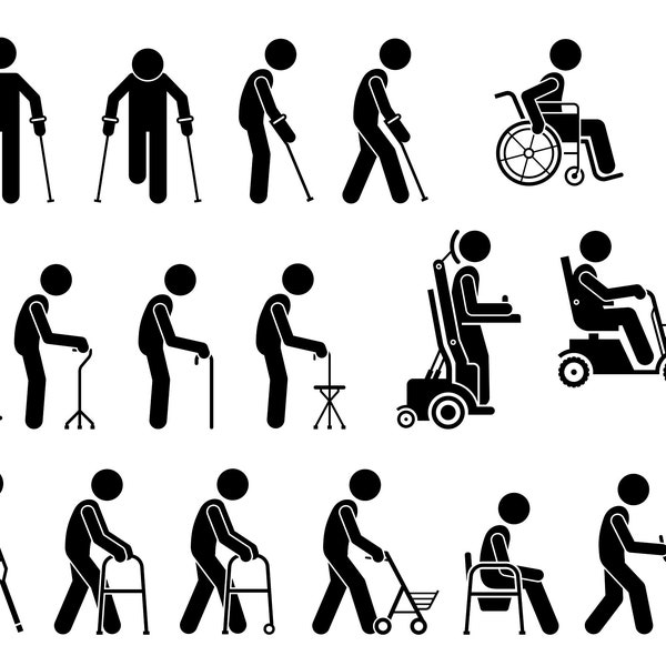Mobility Aids Medical Tool Equipment Injury Injured Crutches Walker Wheelchair Cane Electric Motor Power Scooter Download SVG PNG EPS Vector