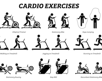 May include: Black and white illustration of different cardio exercises, including elliptical trainer, stationary bike, rope jumping, walking, jogging, and running on a treadmill, stationary rowing, step mill, and recumbent stationary bike.