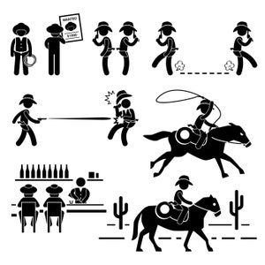 May include: Black and white stick figure illustrations of cowboys in various scenes. One cowboy is holding a lasso, another is riding a horse, and another is shooting a gun. There is also a wanted poster with the text "WANTED $1000".