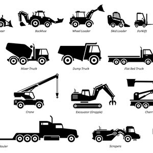 Construction Industrial Vehicle Tractor Heavy Machinery Road Roller Bulldozer Backhoe Excavator Dump Truck Crane Download Icon Vector