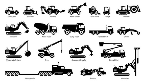 Construction Industrial Vehicle Tractor Heavy Machinery Road Roller Bulldozer Backhoe Excavator Dump Truck Crane Download Icon Vector