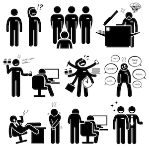 May include: Black and white stick figure illustrations depicting various office scenarios, including a group of people in line, a person with a question mark above their head, a person serving coffee, a person overwhelmed with tasks, a person asking for help, and a person sitting at a computer.