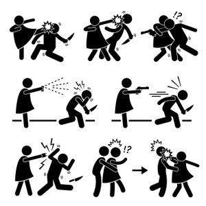 May include: Black and white stick figure illustrations depicting various scenarios of violence and self-defence.  The illustrations show people using weapons such as knives, pepper spray, and guns.  The illustrations also show people defending themselves from attackers.
