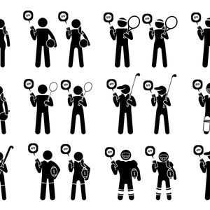 Può includere: Illustrazioni in bianco e nero di figure stilizzate che usano un'app mobile per tenere traccia delle loro attività fisiche. L'icona dell'app è una bolla di dialogo con la parola "APP" all'interno. Le persone tengono in mano diverse attrezzature sportive, tra cui una palla da basket, una racchetta da tennis, una mazza da golf, una mazza da baseball e un bastone da hockey.