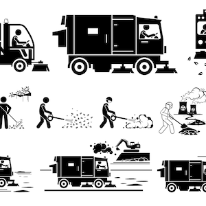 Puede incluir: Ilustraciones en blanco y negro que representan diversas actividades de limpieza y protección ambiental. Incluye barredoras, eliminación de hojas y escenas de limpieza industrial. La imagen muestra una variedad de equipos y trabajadores de limpieza.