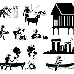 以下が含まれることがあります： 白黒の棒人間イラストで、農業、料理、陶芸、建築、航海など、先史時代の生活の様々な側面を描いています。イラストは白い背景に配置されています。