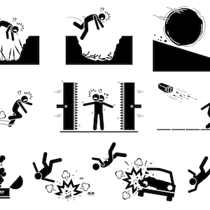 May include: A collection of black and white stick figure illustrations depicting various dangerous situations. These include falling into a pit, being chased by a boulder, and encountering explosions and traps. The figures display expressions of surprise.