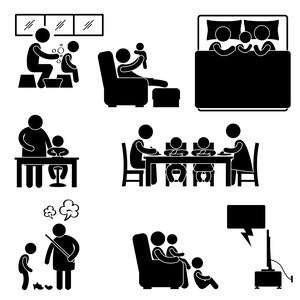 May include: Black and white stick figure illustrations depicting various family activities, including bathing a child, reading a book, eating dinner, watching television, and playing with a toy.