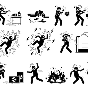 May include: A set of black and white stick figure illustrations depicting various safety hazards, including chemical spills, electrical shocks, explosions, and fires. The illustrations are designed to warn people about potential dangers in the workplace or at home.