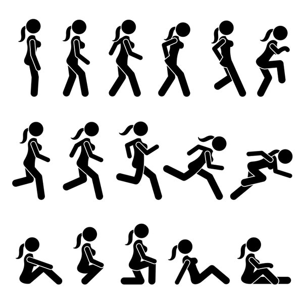 Stick Figure Female Girl Lady Woman Women Actions Movement Postures Poses Walk Walking Run Running Dashing Tip Toe Download PNG SVG Vector