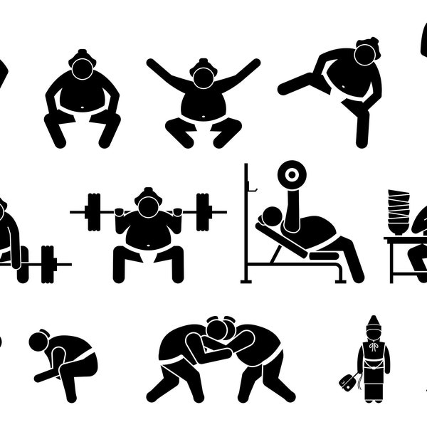 Japanese Japan Sumo Wrestler Wrestling Pictogram Cliparts Clip Art Gym Workout Postures Gyoji Referee Instant Download Icons PNG SVG Vector