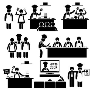 Peut inclure: Illustrations en noir et blanc de personnes cuisinant et apprenant à cuisiner. Les illustrations comprennent des chefs, des étudiants, des cours de cuisine et un livre de cuisine. Le texte "How to Cook" est visible dans l'une des illustrations.