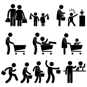 Familie kinderen winkelen Shopper Verkoop Winkel Supermarkt Mall Promotie Stick figuur pictogram symbool teken Pictogram PNG SVG EPS Vector