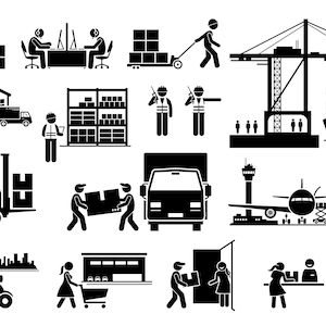 Logistischer Versand Import Export Industrie Lager Frachter Transport Courier Lieferung Service Kunstwerk Stick Figur EPS PNG SVG Vector