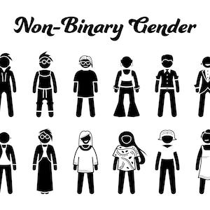 Może przedstawiać: Czarno-białe ilustracje osób w różnych stylach ubioru, reprezentujące niebinarność płciową. Tekst "Non-Binary Gender" znajduje się w górnej części obrazu.