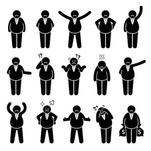 Fat Overweight Obese Plump Boss Employer Wealthy Rich Man Stick Figure Character Different Poses Postures Emotions Set EPS PNG SVG Vector