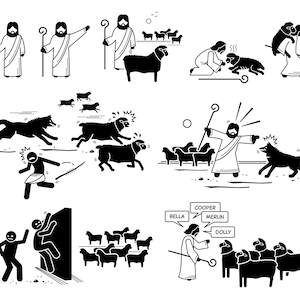 Puede incluir: Ilustración en blanco y negro de un pastor con un bastón protegiendo un rebaño de ovejas de los lobos. El pastor se muestra en diferentes poses, incluyendo de pie, de rodillas y corriendo. Los lobos se muestran atacando a las ovejas, y el pastor se muestra luchando contra ellos.