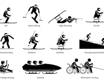 Discapacitados Juegos de Deportes de Invierno Discapacitados Atleta Esquí Snowboard Biathlon Ice Sledge Hockey Silla de ruedas Stick Figura PNG SVG Vector
