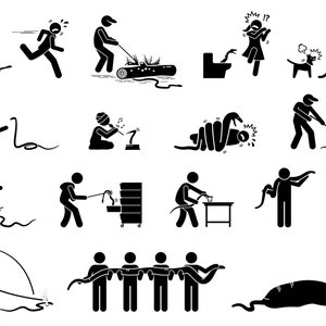 Peut inclure: Une illustration en noir et blanc de personnes rencontrant des serpents dans diverses situations. Certaines personnes fuient les serpents, tandis que d'autres tentent de les attraper ou d'éviter d'être mordues. Les illustrations sont simples et humoristiques.
