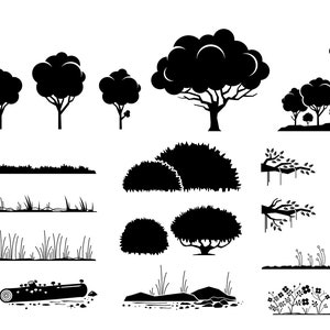 Tree Plant Plants Grass Bush Bushes Forest Jungle Nature Woods Log Flower Branch Branches Vines Silhouette Download Icons PNG SVG Vector