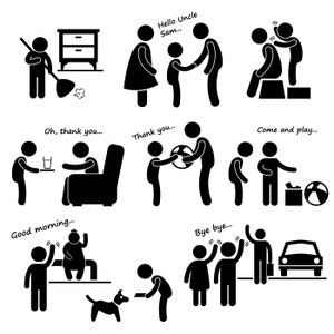 Obedient Polite Good Menace Manner Well Behaved Little Child Kid Boy Children Helping Share Parent Family Stick Figure Icons PNG SVG Vector