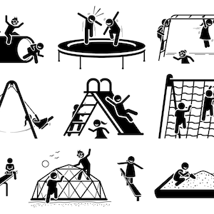 May include: Black and white stick figure illustrations of children playing on various playground equipment, including a slide, a swing set, a climbing wall, a seesaw, a sandbox, a trampoline, and a playhouse.