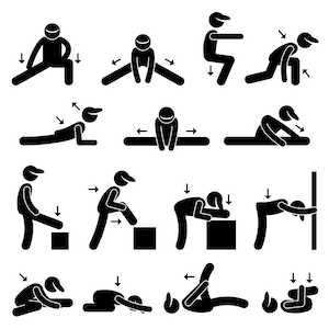 May include: Black and white stick figure illustrations showing different stretching exercises. The illustrations show a variety of stretches for the legs, arms, back, and torso.