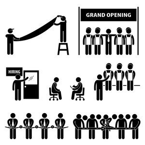 May include: Black and white stick figure illustrations depicting various business and employment scenarios. Scenes include a grand opening, hiring, interviews, and ribbon-cutting ceremonies. The image conveys themes of business, employment, and new beginnings.
