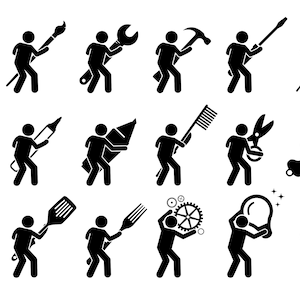 Op de afbeelding: Een set van 16 zwart-witte stick figure illustraties die mensen tonen die verschillende gereedschappen en objecten vasthouden. De gereedschappen en objecten omvatten een moersleutel, een hamer, een kwast, een vlag, een kam, een sleutel, een vergrootglas, een garde, een spatel, een vork, een tandwiel, een bel, een potlood, een kleurpotlood, een raket en een schaar.