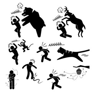 May include: Black and white stick figure illustrations of people being chased by animals. The animals include a bear, a deer, a monkey, a tiger, a snake, and a beehive. The people are running away from the animals and yelling "Wahhhh..." and "Ahhhh..."