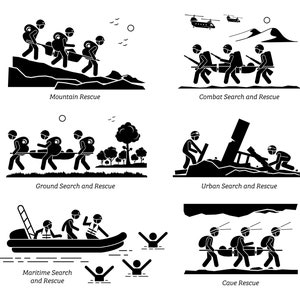 May include: Black and white illustration depicting various search and rescue operations. The illustrations show people rescuing others in different locations, including mountains, forests, urban areas, caves, and water.