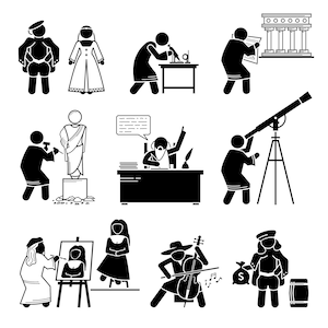 Puede incluir: Ilustraciones en blanco y negro de diversas profesiones, incluyendo un escultor, un escritor, un astrónomo, un músico, un artista y un historiador. Las ilustraciones están en un estilo simple de figura de palo.